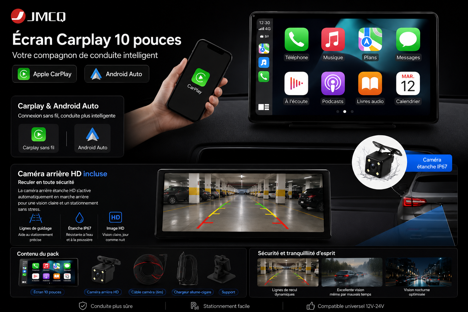 Autoradio CarPlay 10" – Android Auto & Caméra